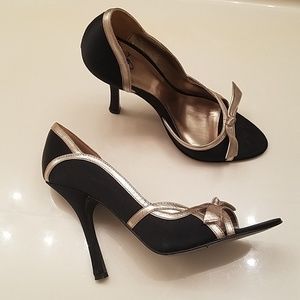 Black satin gold leather trim heels